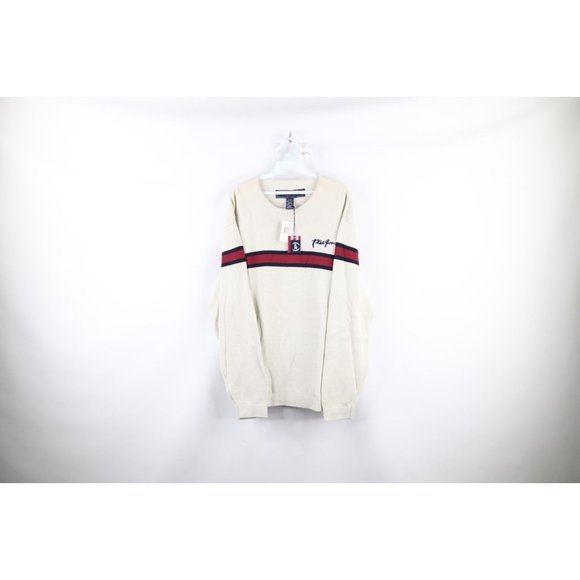 NOS Vtg Phat Farm Mens XL Striped Spell Out Script Marled Knit Sweater Cream